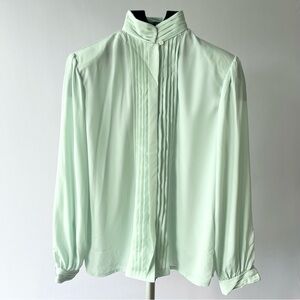 Pale Green Long Sleeve Satin Blouse - Size 8